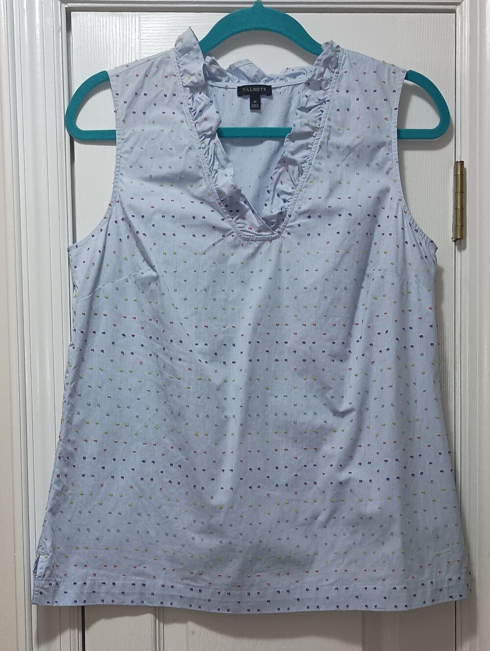 Talbots Sleeveless Ruffled Colorful Swiss Dots Cotton Blouse Medium - Picture 9 of 9